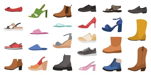 Shoes. Mens, womens and childrens footwear different types, trendy casual, stylish elegant glamour and formal shoes cartoon vector set