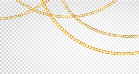 Golden chain. Luxury chains different shapes, realistic gold links jewelry, metal golden elements repeating pattern, vector set