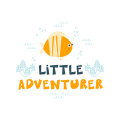 Funny fish under the sea. You can use like a print on t-shirt, sticker, card, tableware, pillow, picture etc. Vector illustration on isolated background