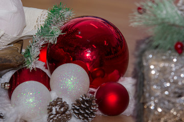 Different Christmas decorations isolated on festive background
