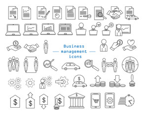 Fototapeta na wymiar Set of linear icons on the themes of finance and management. Outline vector