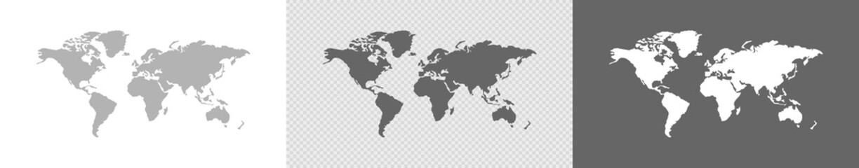 World map set on white, transparent background. Isolated vector