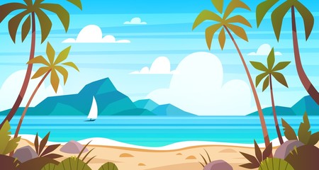 Fototapeta na wymiar Sea landscape. Tropical beach, ocean seashore. Paradise island panorama with palm tree, exotic resort summer vacation cartoon vector concept