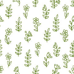 Vector seamless pattern: linear pastel green color hand drawn simple flowers with leaves and berries. Pretty minimalism, sketch style design for textile, wrapping paper, wallpaper.