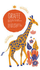 Giraffe and flowers. Vector illustration on a white background with space for text.
