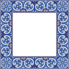 Tile frame vector. Border ceramic pattern. Porcelain decor ornament design. Mexican talavera, italian sicily majolica, portuguese azulejos, spanish mosaic motifs.