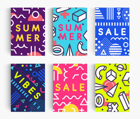 Set of Summer poster. Bright Memphis geometric design template for banner, card and flyer backgrounds. Creative vector illustration.