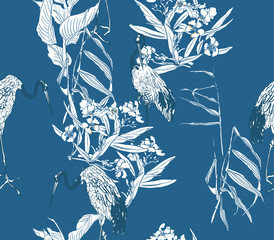 Chinese Cranes in Lake Plants and Oleander Flowers, Silhouette Birds in Exotic Plants Blooming Trees, Oriental Chinoiserie Textile Design Whote on Cobalt Blue Background, Botanical Print - 343406454