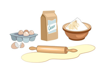 Ingredients for homemade bakery. Dough with rolling pin, eggs and flour. Bakery set vector illustration isolated on white background.