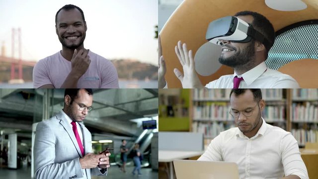 Handsome Latin guy wearing VR headset and business suit, using smartphone, enjoying leisure outdoors. Multiscreen montage, collage portraits. Lifestyle concept