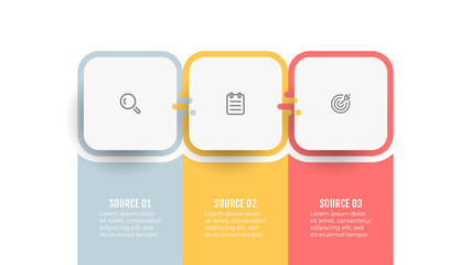 Business infographic template. Process chart. Timeline with icons and 3 options or steps. Vector illustration.
