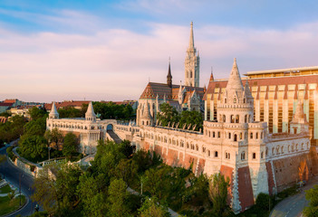 Naklejka premium Hungary Budapest. Amazing aerial cityscape about the famous historical tourist attraction which name is Fisherman bastion. Fantastic spring mood early in the morning.