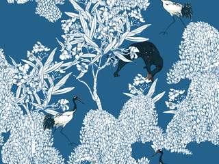 Seamless Pattern Pantera and Chinese Cranes in Oleander and Tropical Plants on Blue Background Chinoiserie, Blooming Garden Oriental Design, Wildlife Exotic Plants © Irina