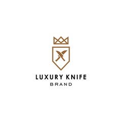 Fototapeta premium kitchenware utensil knife logo icon brand in elegant and luxury style with crown elemet, in trendy linear line illustration