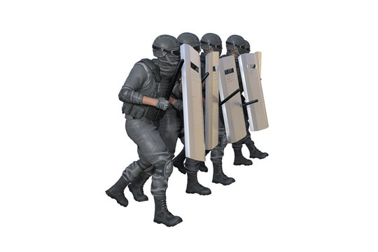 Police squad marching against revolt isolated on white background - protest stopping concept, military 3D Illustration