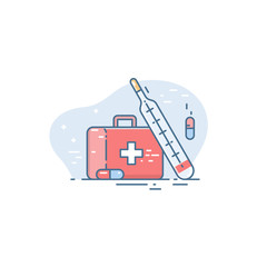 Icon of a medical case and a thermometer. Linear flat style. Conceptual illustration of emergency medical care