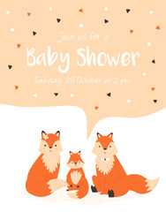 Baby Birthday invitation card with cheerful fox family
