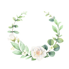 Watercolor vector frame with eucalyptus leaves and roses.