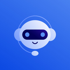 Chat bot ai and customer service support concept. Vector flat person illustration. Smiling robot in headphone on blue background. Design element for banner, web error page, logo.