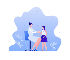Vaccination campaign concept. Vector flat person illustration. Pediatrician medicine. Woman doctor shot injection by syringe to girl. Design element for health care medical banner, poster, infographic