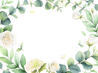 Watercolor vector card with eucalyptus leaves and roses.