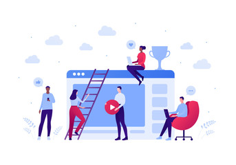 Social media blogger and online education cource concept. Vector flat person illustration. Team of people making video. Trophy success, laptop and smartphone sign. Design for banner, web, infographic