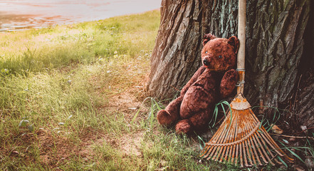 An old Teddy bear sits alone under a tree in the Park
