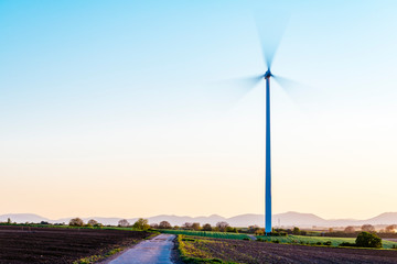 A dirt road leads through the Rhine plain to a single wind turbine that turns in the wind