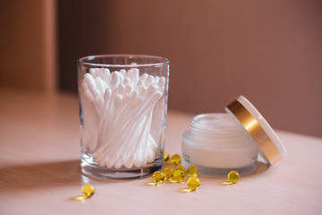 set of cosmetics for girls, home body and face care, anti-aging natural face cream, cotton buds, manicure oil