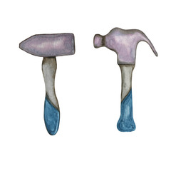 Watercolor illustration of a hammer repair tool. Hand-drawn with watercolors and is suitable for all types of design and printing.