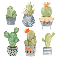 Watercolor illustration of a set of exotic cacti in pots. Hand-drawn with watercolors and is suitable for all types of design and printing.