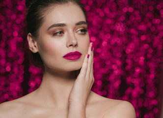 Woman beauty evening make up party beautiful model pink purple color lipstick