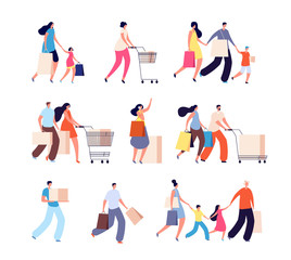 Family shopping. Consumers, woman buy food or clothes. Isolated people with bag for shop. Kids and adult fashion shoppers vector characters. Family purchase, young woman in supermarket illustration