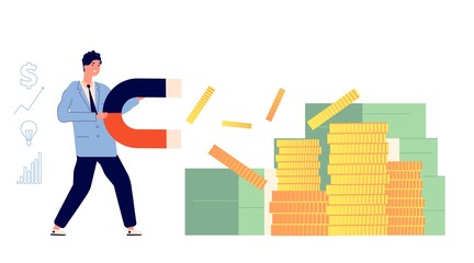Investment magnete. Investing gold, magnet attracted coins. Huge growth, finance energy. Man magnetic power motivation vector illustration. Investment money, finance success attraction