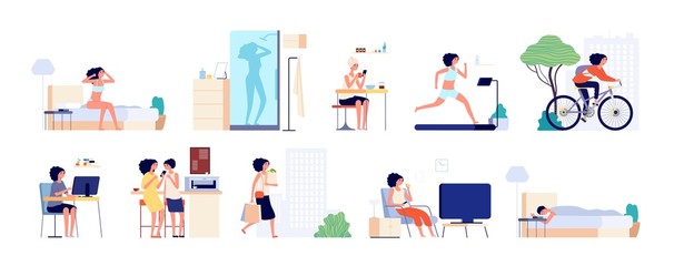 Woman daily routine. Businesswoman day, girl city life. Female breakfast, sleep and working. Adult everyday lifestyle vector illustration. Woman daily routine breakfast, sleep and shower everyday