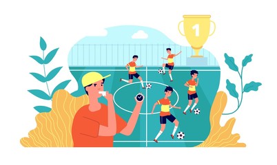 Kids football. Soccer play learning. Summer sport camp, kids team playing on field. Children training, cartoon boy in form vector concept. Football camp sport, activity kids outdoor illustration