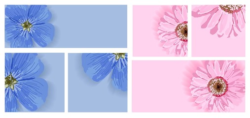 Vector set of templates for advertising. Summer bright background with flowers. Pink and blue colors. Copyspace. Instagram format..