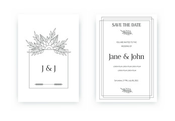 Minimalist floral wedding invitation card template design. Elegant card, simple vector graphic illustration with hand drawn flowers