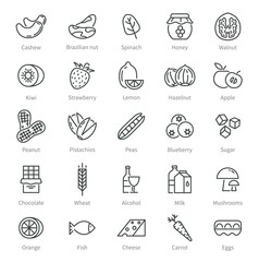 Food allergens. Simple allergen icons. Alcohol and seeds, nuts, honey. Celiac, intolerance gluten ingredients. Health labels vector symbols. Illustration food allergy symbol, gluten and lactose - obrazy, fototapety, plakaty