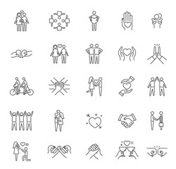 Friendship icons. Respect community, line care solidarity love symbols. Business partnership or trust and responsibility team vector set. Illustration love and care, charity and partnership