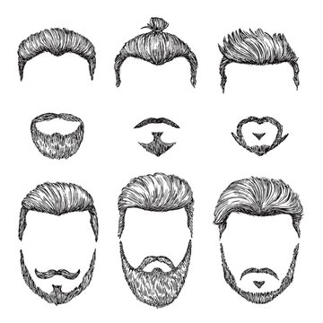 Hipster haircut. Hand drawn vintage hair styles. Isolated man beards and moustache models. Creative fashionable male sketch faces vector set. Illustration hair and beard black silhouette hairstyle