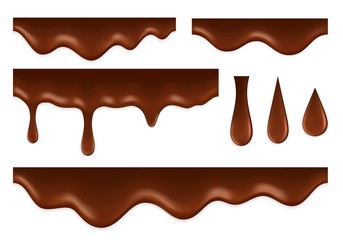 Dripping chocolate. Liquid syrup, foods delicious sauce. 3d current cacao background. Melted drop, realistic stream droplets oil vector set. Sauce and melt, syrup liquid, chocolate drop illustration