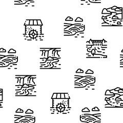 River Landscape Seamless Pattern Vector Thin Line. Illustrations