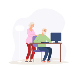 Computer education. Old couple studying modern digital world. Elderly people video calling or online communication vector illustration. Character pensioner, grandfather and technology