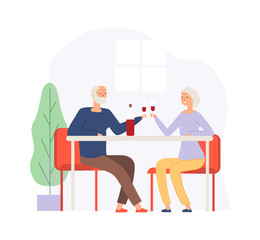Couple on meeting. Elderly people on restaurant drinking wine. Happy husband and wife, old man woman. Grandparents celebrates anniversary or birthday vector illustration. People elderly couple