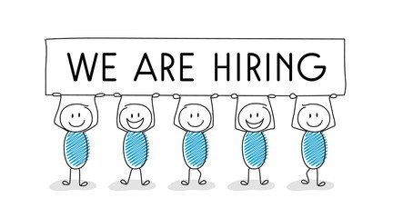 Cartoon people holding banner with “we are hiring” text.  New vacancy concept. Vector