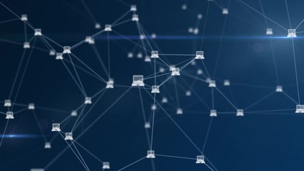 Network-connected computers rotate on a blue background. Devices of cloud computing and big data network.  3D render animation. - Powered by Adobe