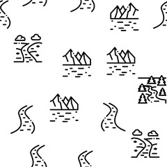 River Landscape Seamless Pattern Vector Thin Line. Illustrations
