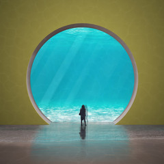 Surreal visionary aquarium in yellow tones with a round big window, young woman watches the scene,...