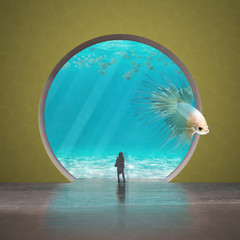 Surreal visionary aquarium in yellow tones with a big rosy fish which escapes from the cage while a young woman watches the scene, arched window, freedom concept, imaginary art